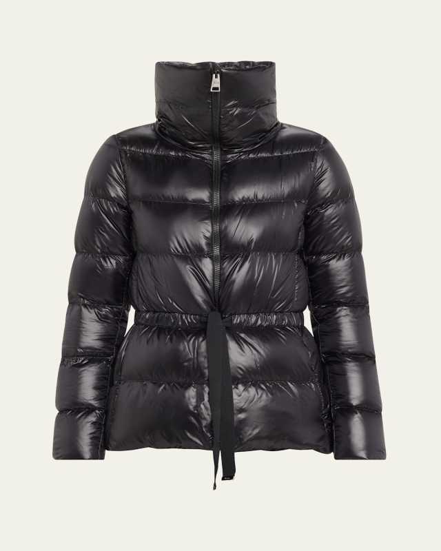 Shiny Down Puffer Jacket with Drawstring Waist